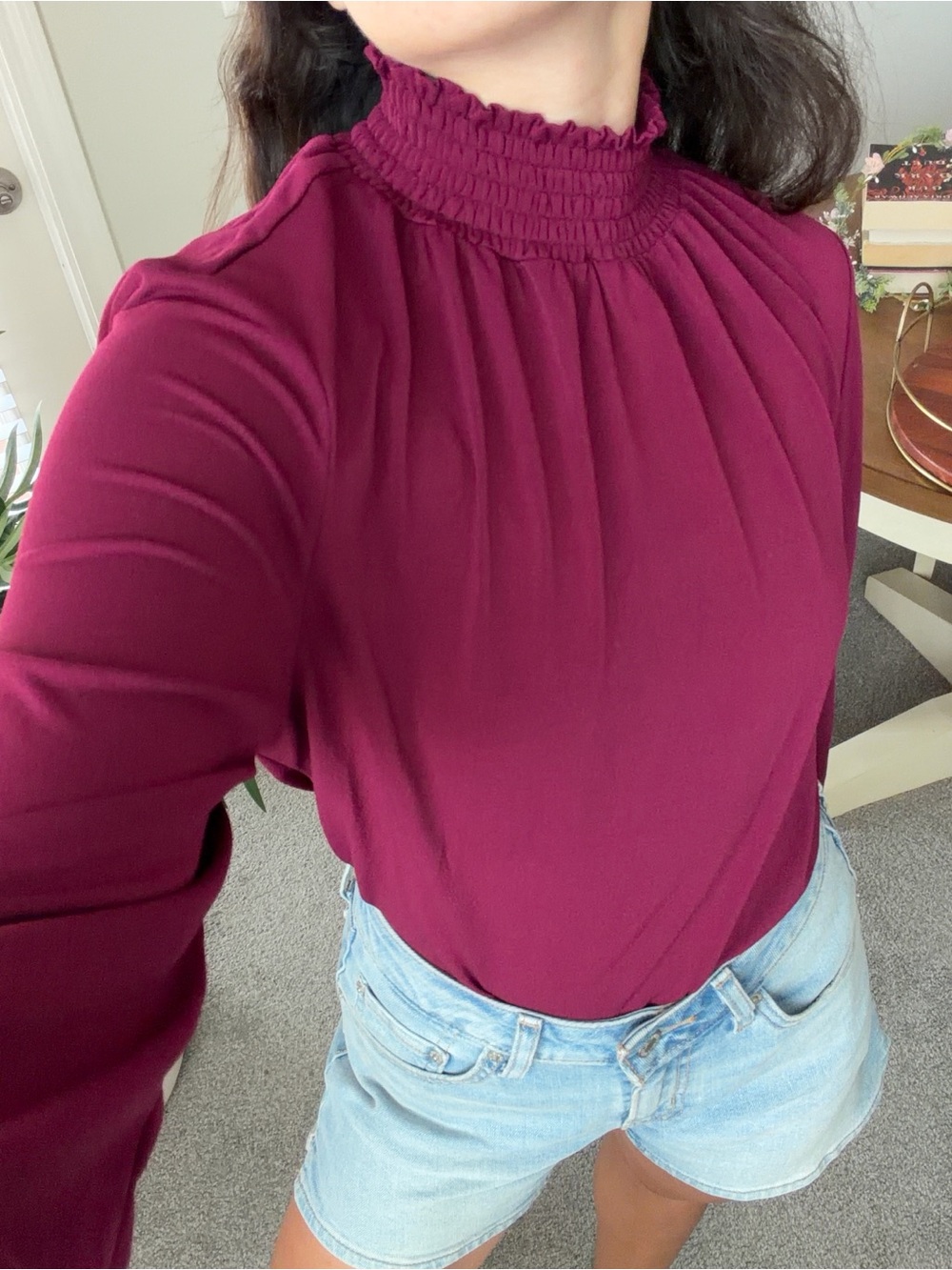 Women's Smocked Neck Long Sleeve Top - Berry